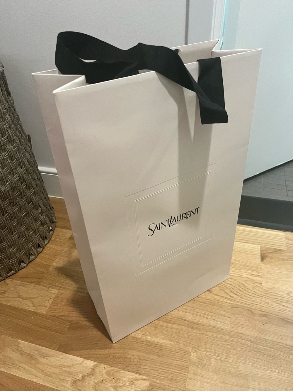 Yves Saint Laurent White Shopping thick Paper Tote with Black Handles